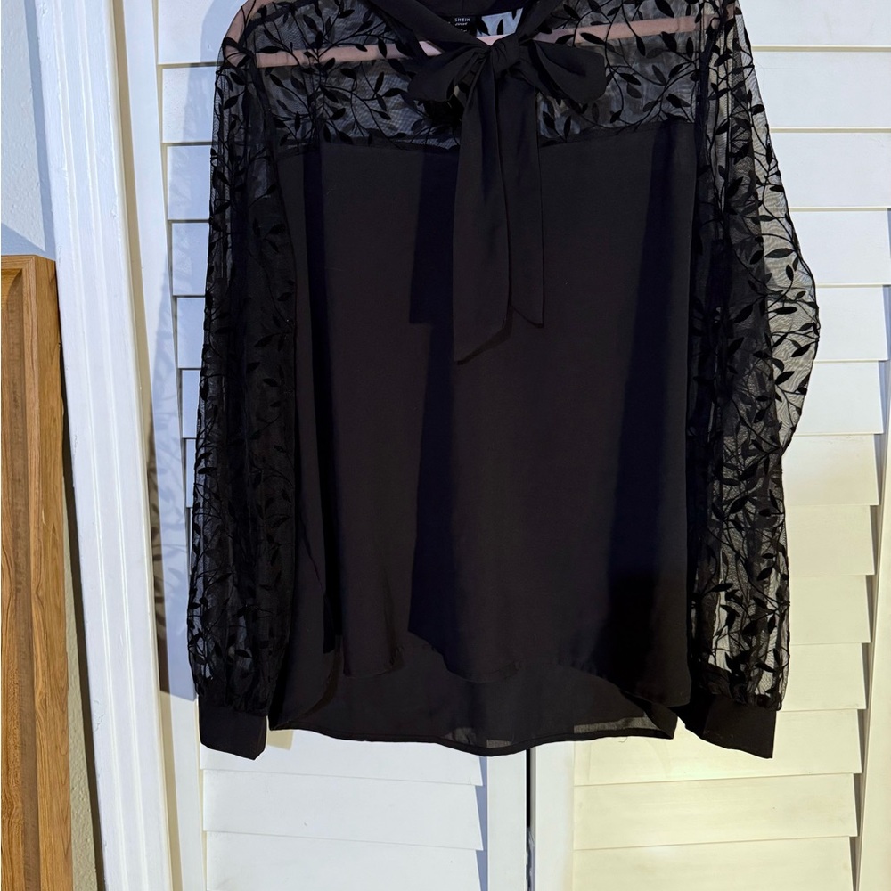 SHEIN Black Tie Front Embellished Blouse